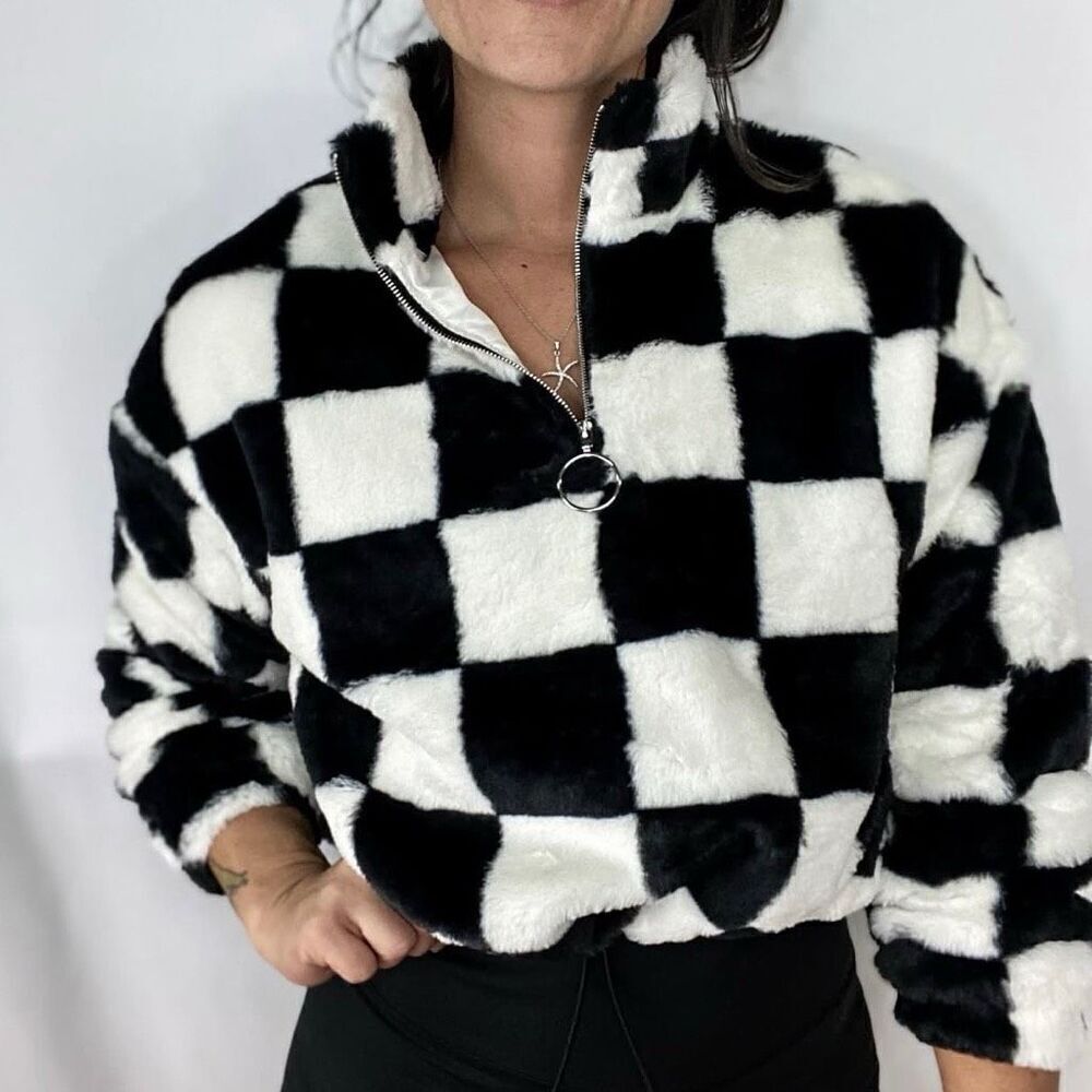 Salty Savage checkered fluffy faux fur quarter zip pullover size small oversized